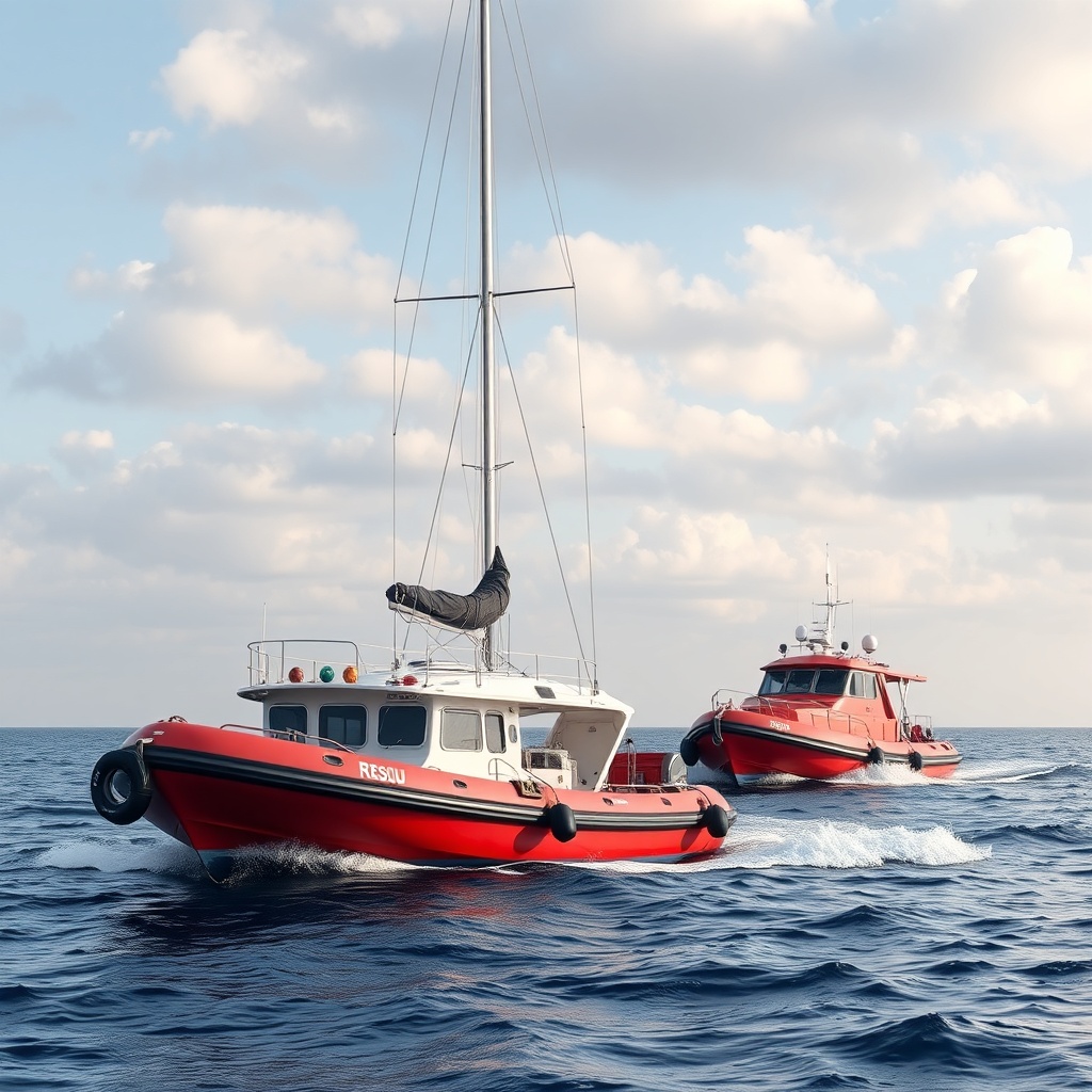 A clean photorealistic photo of a sailing yacht being towed by a red rescue boat in open s